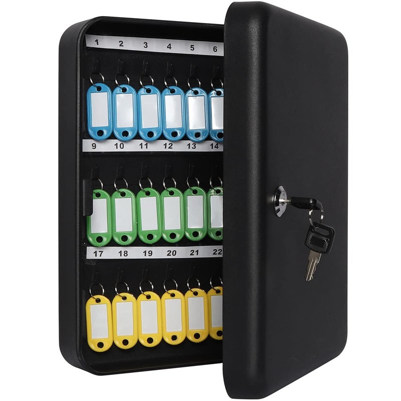 Jssmst Key Lock Box Wall Mount Security Key Storage Box, Locking Key Cabinet Wall Mount with 48 Key Hooks & Tags Key Labels, 11.81 x 9.45 x 2.95 inches, Black Matt - Image 1